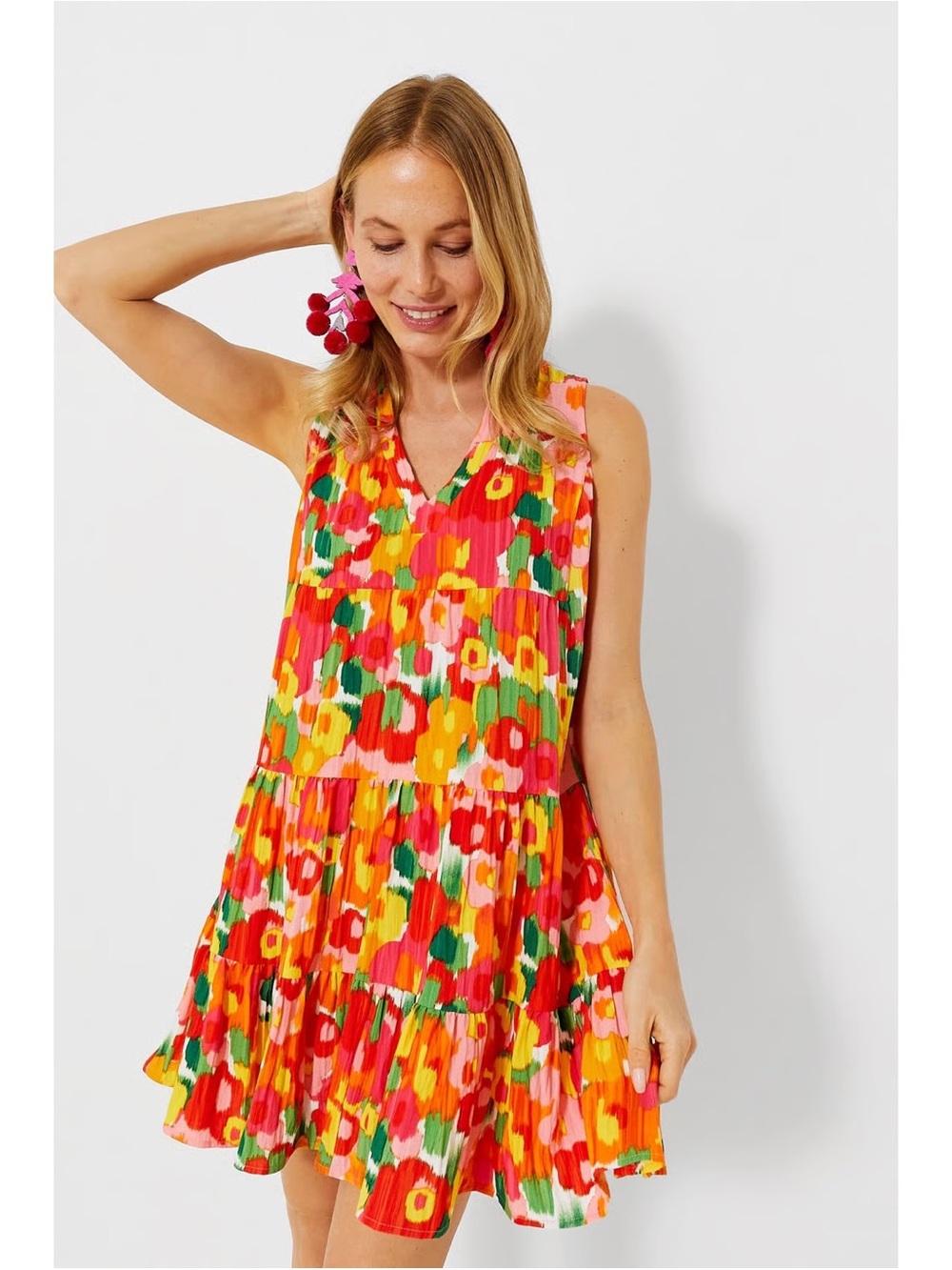 Tuckernuck Pomander Place Vibrant Floral Tiered V-Neck Mini Dress - Multicolor